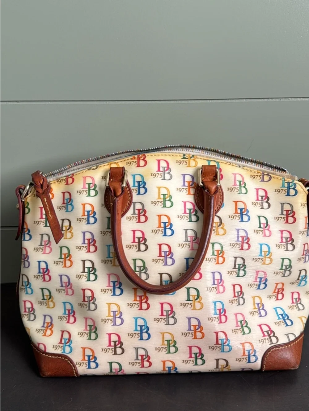 Vintage Dooney & Bourke Multicolor Monogram Satchel with Tan Leather Trim